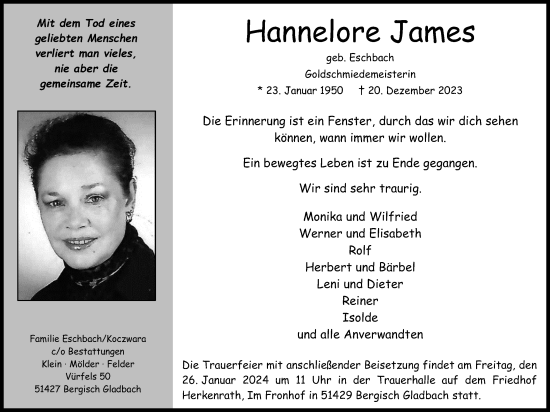 Anzeige von Hannelore James von Kölner Stadt-Anzeiger / Kölnische Rundschau / Express
