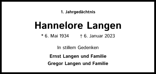 Anzeige von Hannelore Langen von Kölner Stadt-Anzeiger / Kölnische Rundschau / Express
