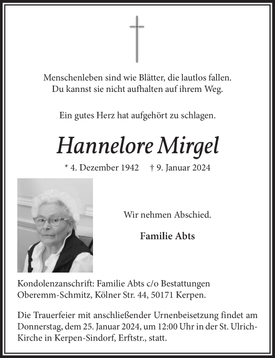 Anzeige von Hannelore Mirgel von  Werbepost 