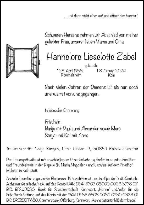 Anzeige von Hannelore Lieselotte Zabel von Kölner Stadt-Anzeiger / Kölnische Rundschau / Express