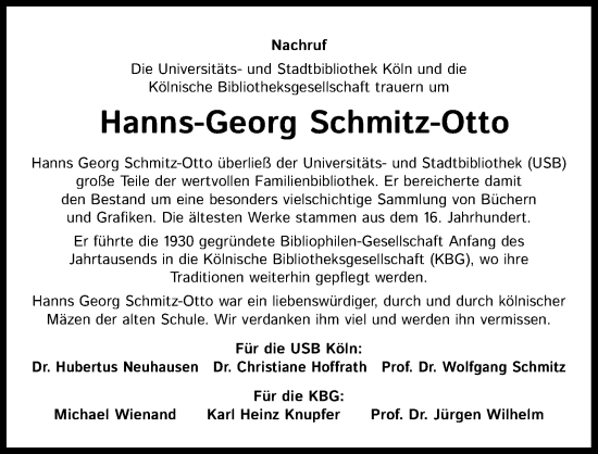 Anzeige von Hanns-Georg Schmitz-Otto von Kölner Stadt-Anzeiger / Kölnische Rundschau / Express