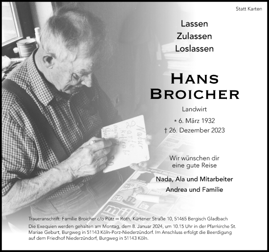 Anzeige von Hans Broicher von Kölner Stadt-Anzeiger / Kölnische Rundschau / Express