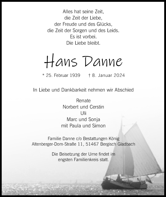 Anzeige von Hans Danne von Kölner Stadt-Anzeiger / Kölnische Rundschau / Express