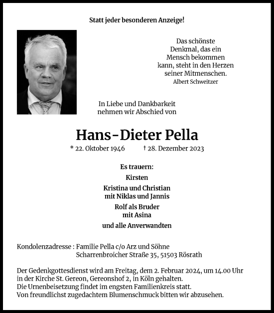 Anzeige von Hans-Dieter Pella von Kölner Stadt-Anzeiger / Kölnische Rundschau / Express