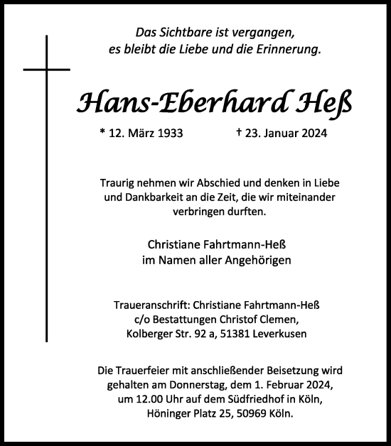 Anzeige von Hans-Eberhard Heß von Kölner Stadt-Anzeiger / Kölnische Rundschau / Express