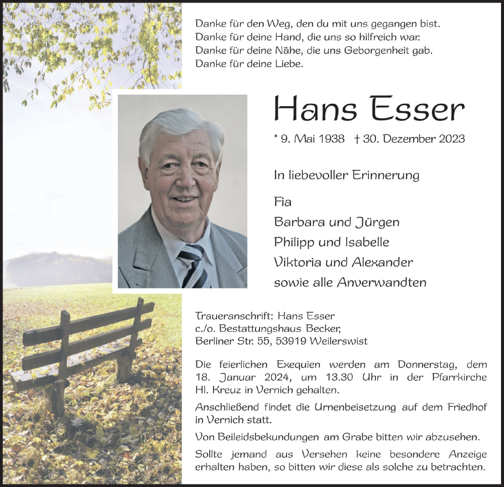  Traueranzeige für Hans Esser vom 06.01.2024 aus  Blickpunkt Euskirchen 