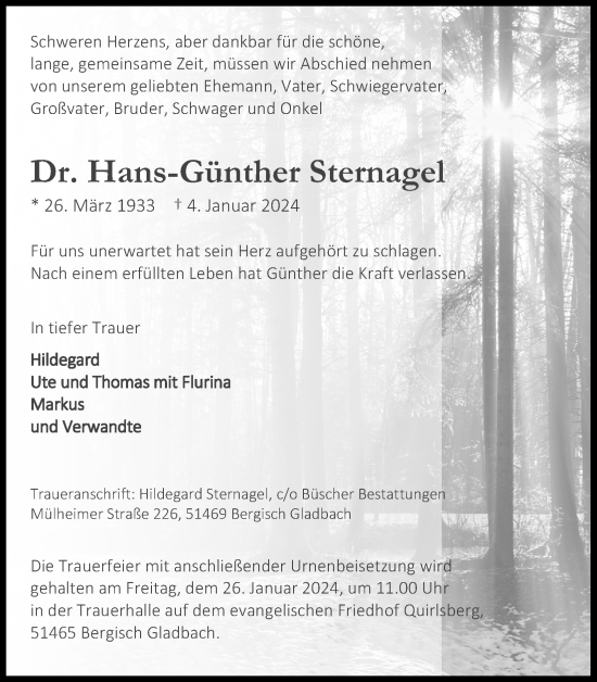 Anzeige von Hans-Günther Sternagel von Kölner Stadt-Anzeiger / Kölnische Rundschau / Express