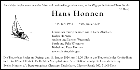 Anzeige von Hans Honnen von Kölner Stadt-Anzeiger / Kölnische Rundschau / Express