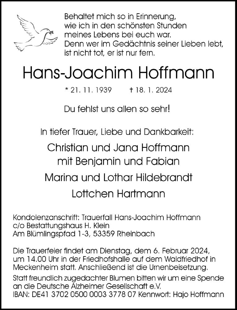  Traueranzeige für Hans-Joachim Hoffmann vom 26.01.2024 aus  Schaufenster/Blickpunkt 