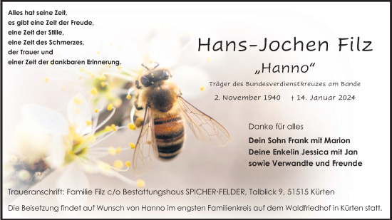 Anzeige von Hans-Jochen Filz von Kölner Stadt-Anzeiger / Kölnische Rundschau / Express