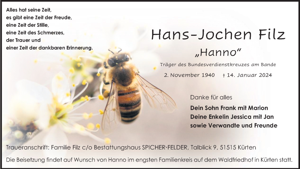  Traueranzeige für Hans-Jochen Filz vom 27.01.2024 aus Kölner Stadt-Anzeiger / Kölnische Rundschau / Express