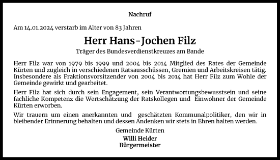 Anzeige von Hans-Jochen Filz von Kölner Stadt-Anzeiger / Kölnische Rundschau / Express