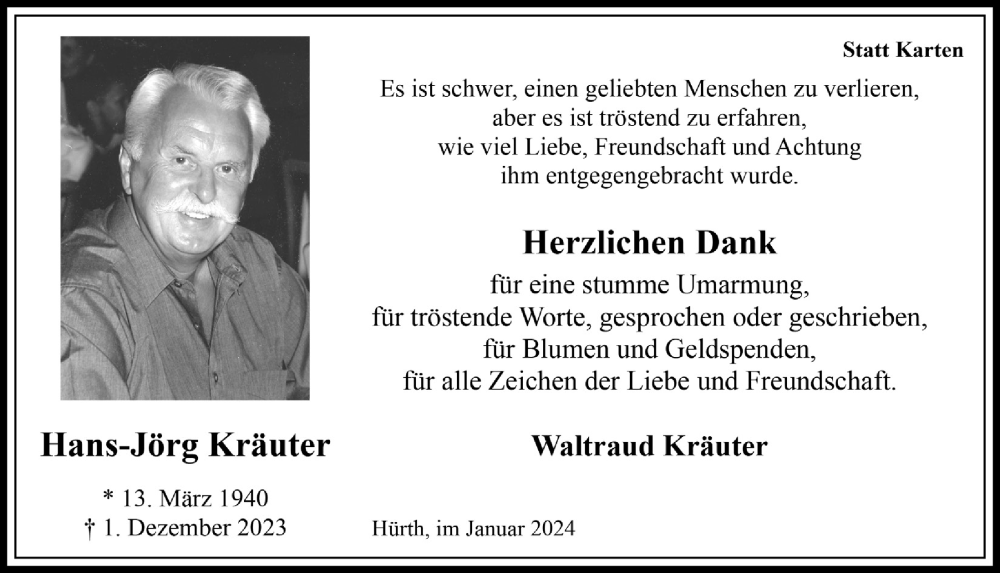  Traueranzeige für Hans-Jörg Kräuter vom 12.01.2024 aus  Wochenende 