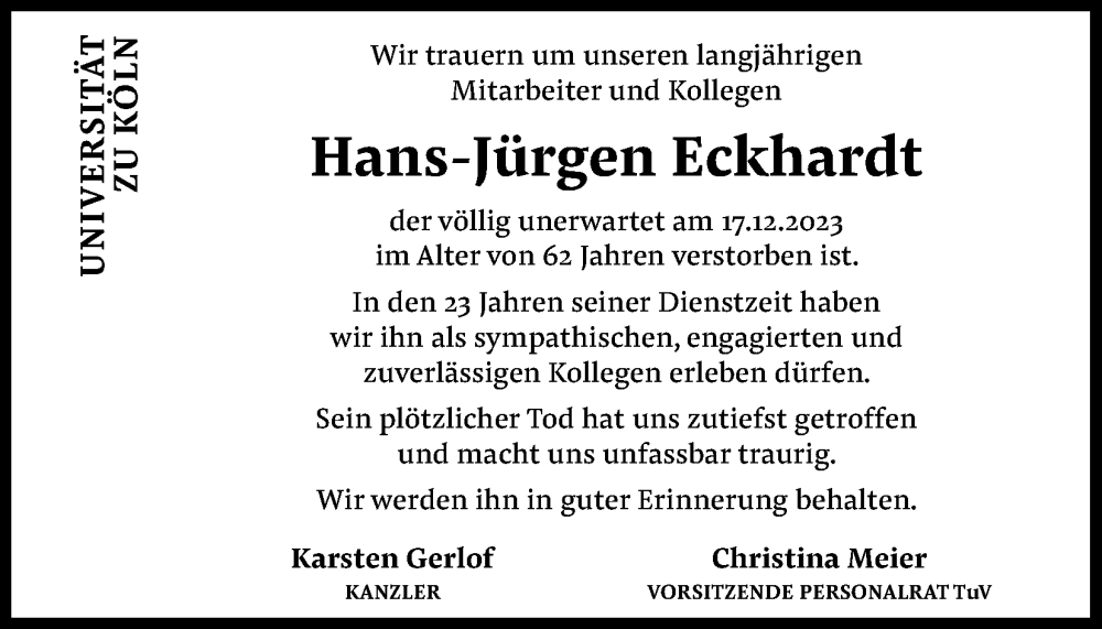  Traueranzeige für Hans-Jürgen Eckhardt vom 13.01.2024 aus Kölner Stadt-Anzeiger / Kölnische Rundschau / Express