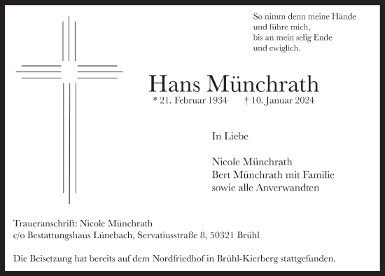 Anzeige von Hans Münchrath von  Schlossbote/Werbekurier 