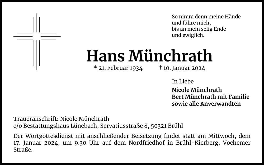  Traueranzeige für Hans Münchrath vom 13.01.2024 aus Kölner Stadt-Anzeiger / Kölnische Rundschau / Express