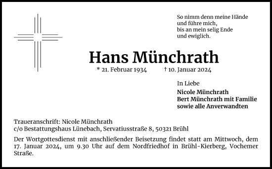 Anzeige von Hans Münchrath von Kölner Stadt-Anzeiger / Kölnische Rundschau / Express