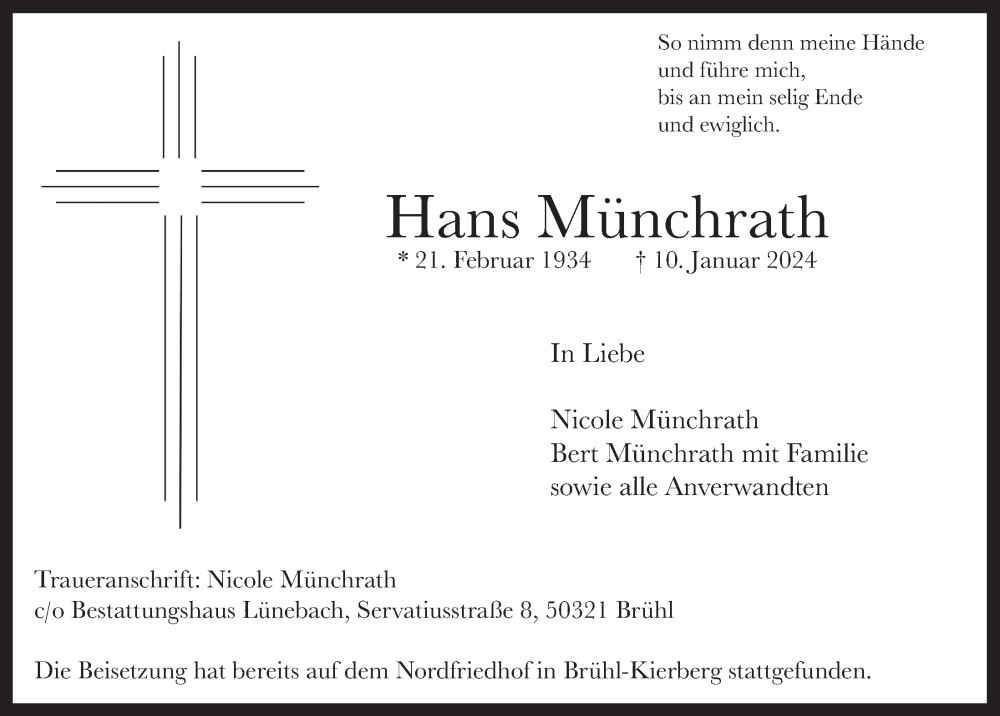  Traueranzeige für Hans Münchrath vom 19.01.2024 aus  Schlossbote/Werbekurier 