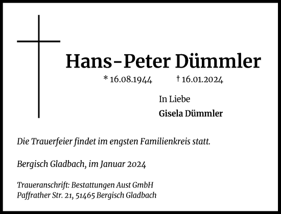 Anzeige von Hans-Peter Dümmler von Kölner Stadt-Anzeiger / Kölnische Rundschau / Express