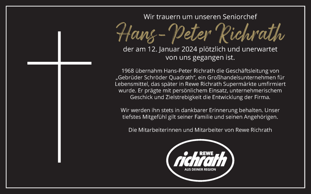  Traueranzeige für Hans-Peter Richrath vom 20.01.2024 aus Kölner Stadt-Anzeiger / Kölnische Rundschau / Express