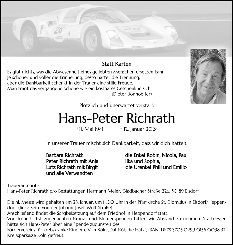  Traueranzeige für Hans-Peter Richrath vom 20.01.2024 aus Kölner Stadt-Anzeiger / Kölnische Rundschau / Express