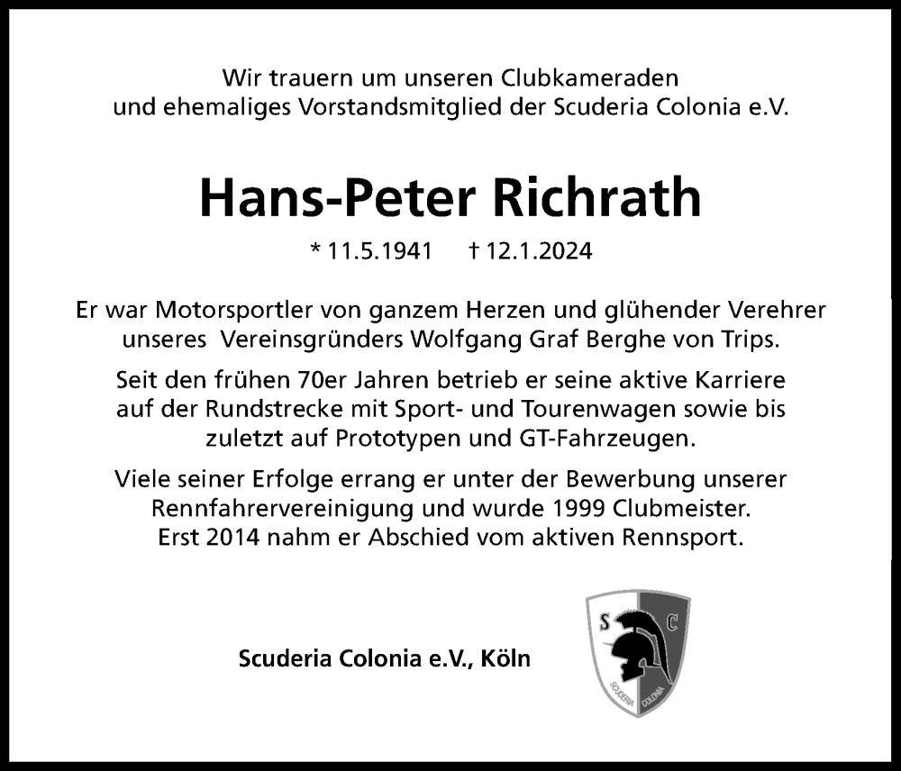  Traueranzeige für Hans-Peter Richrath vom 20.01.2024 aus Kölner Stadt-Anzeiger / Kölnische Rundschau / Express