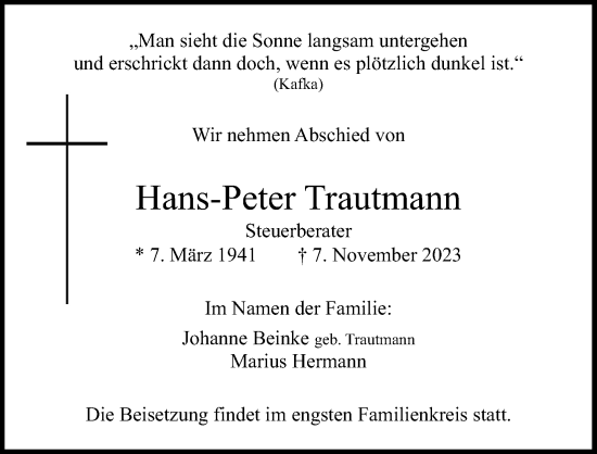 Anzeige von Hans-Peter Trautmann von Kölner Stadt-Anzeiger / Kölnische Rundschau / Express