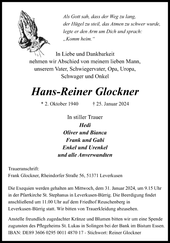 Anzeige von Hans-Reiner Glockner von Kölner Stadt-Anzeiger / Kölnische Rundschau / Express
