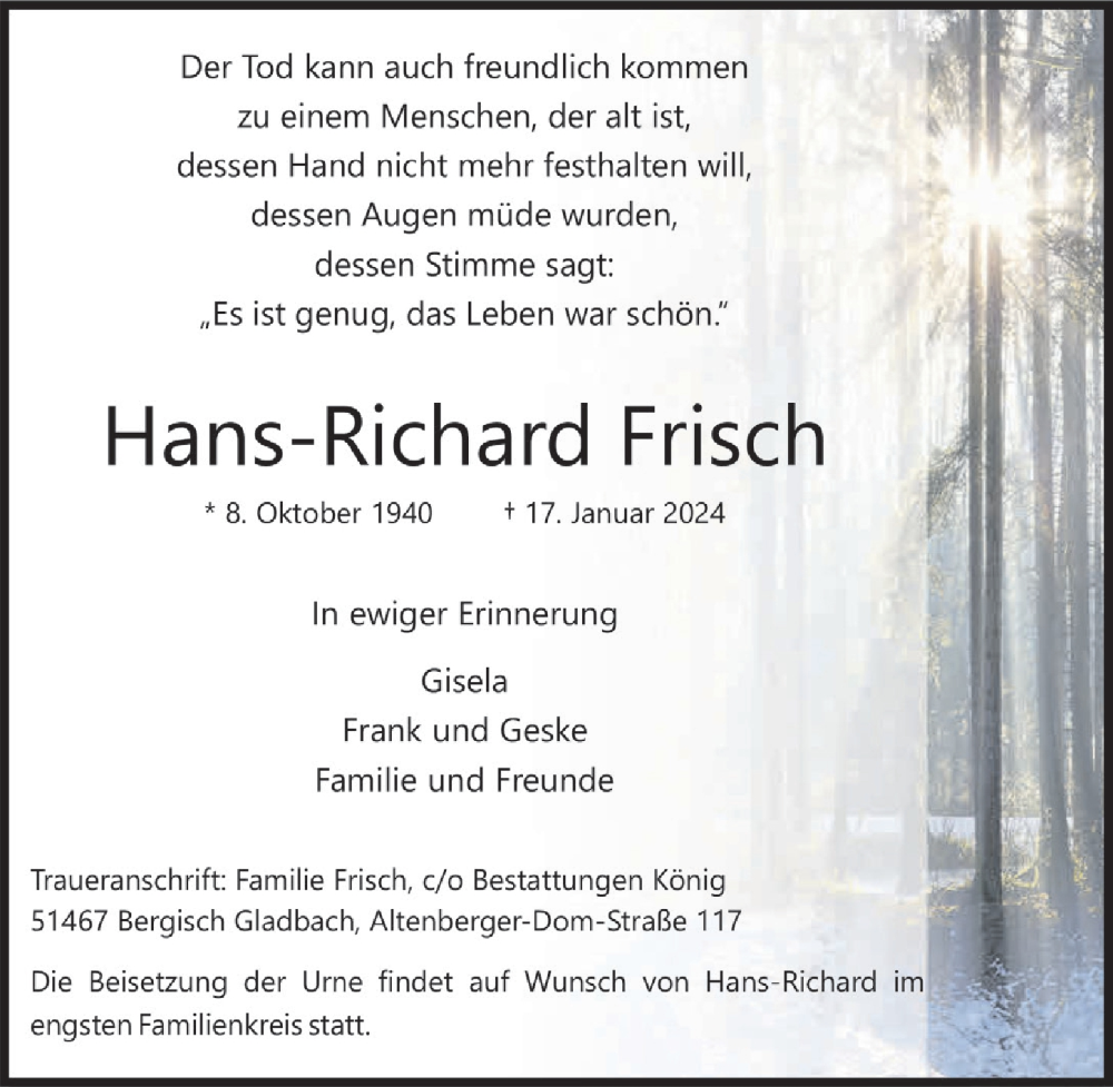  Traueranzeige für Hans-Richard Frisch vom 26.01.2024 aus  Bergisches Handelsblatt 