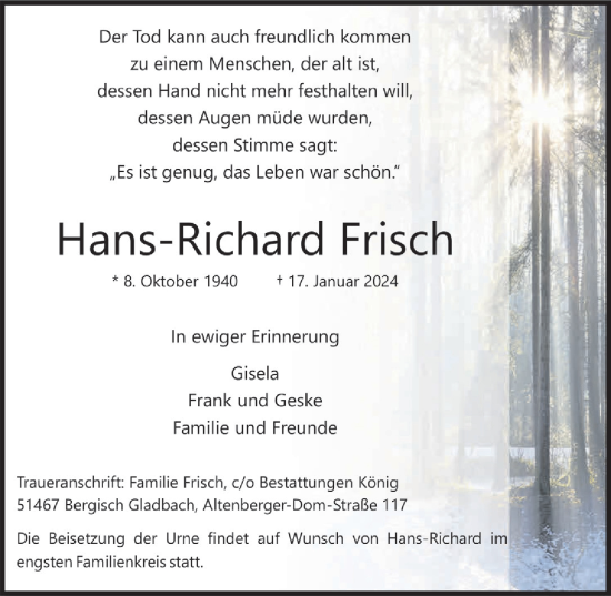 Anzeige von Hans-Richard Frisch von  Bergisches Handelsblatt 