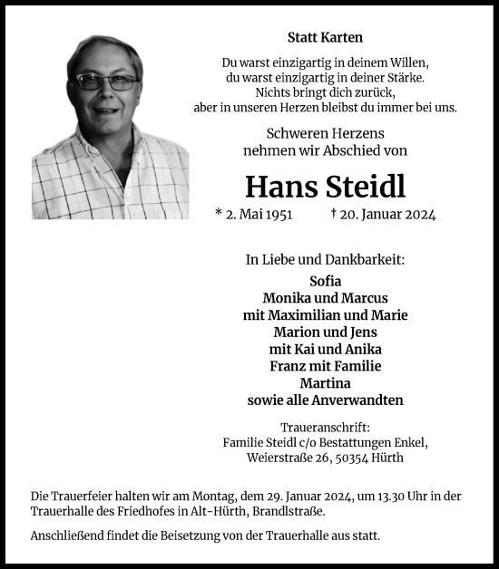 Anzeige von Hans Steidl von Kölner Stadt-Anzeiger / Kölnische Rundschau / Express