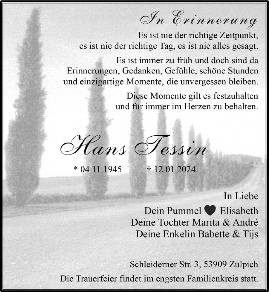  Traueranzeige für Hans Tessin vom 27.01.2024 aus  Blickpunkt Euskirchen 