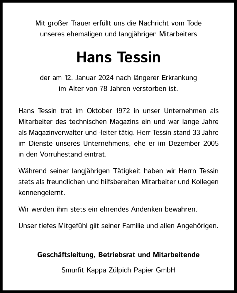  Traueranzeige für Hans Tessin vom 24.01.2024 aus Kölner Stadt-Anzeiger / Kölnische Rundschau / Express