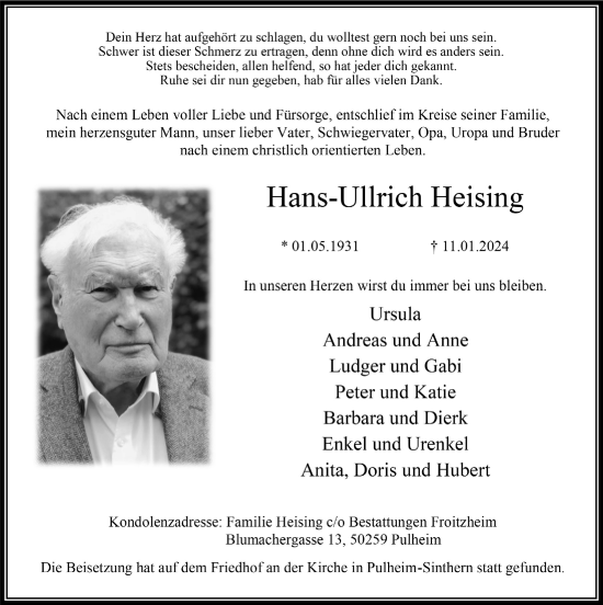 Anzeige von Hans-Ullrich Heising von  Wochenende 