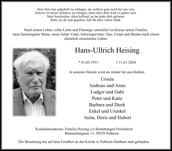 Anzeige von Hans-Ullrich Heising von Kölner Stadt-Anzeiger / Kölnische Rundschau / Express