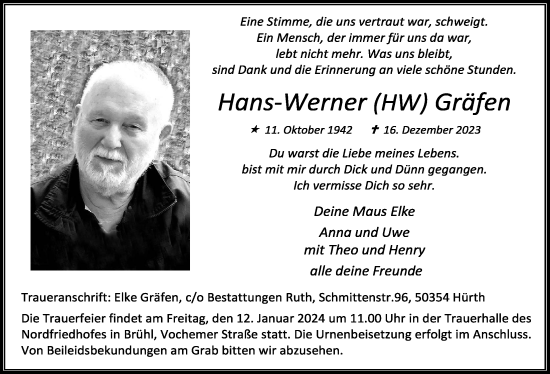 Anzeige von Hans-Werner Gräfen von  Schlossbote/Werbekurier 