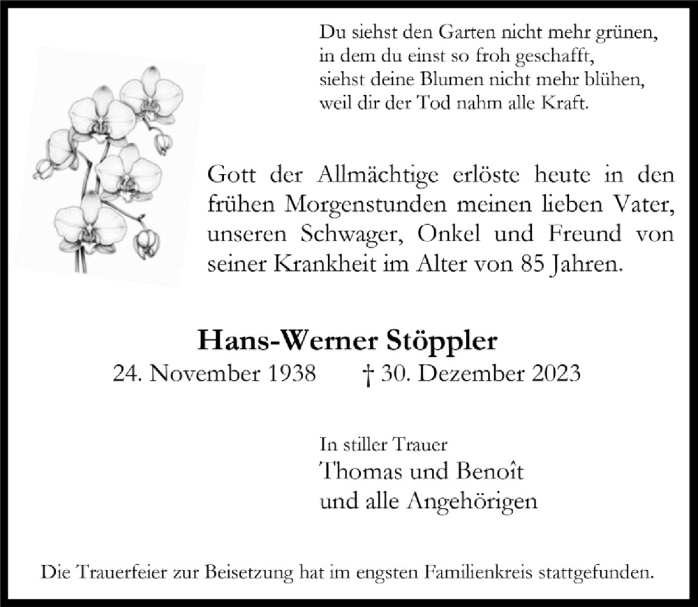  Traueranzeige für Hans-Werner Stöppler vom 12.01.2024 aus  Lokalanzeiger 