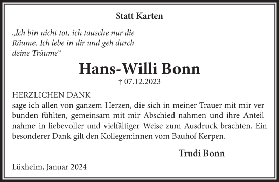 Anzeige von Hans-Willi Bonn von  Werbepost 