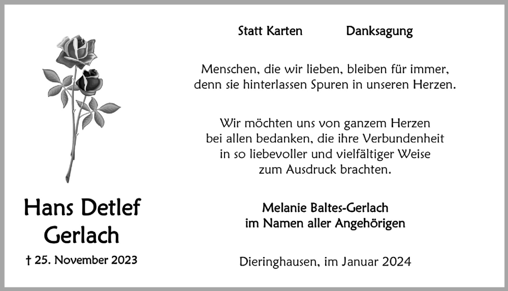 Traueranzeige für Hans Detlef Gerlach vom 12.01.2024 aus  Anzeigen Echo 