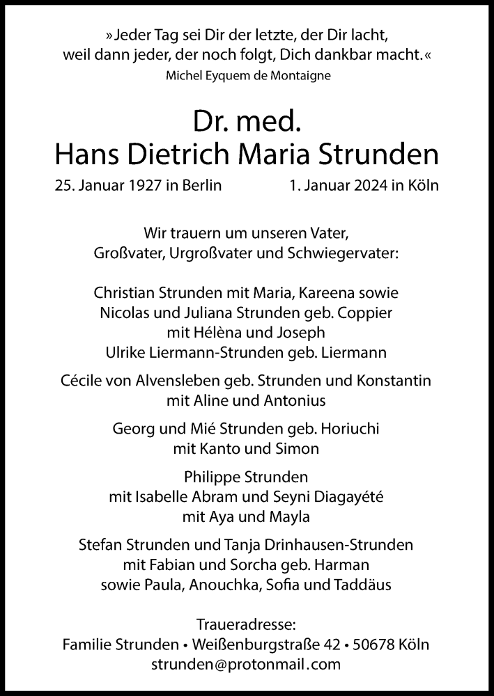  Traueranzeige für Hans Dietrich Maria Strunden vom 06.01.2024 aus Kölner Stadt-Anzeiger / Kölnische Rundschau / Express