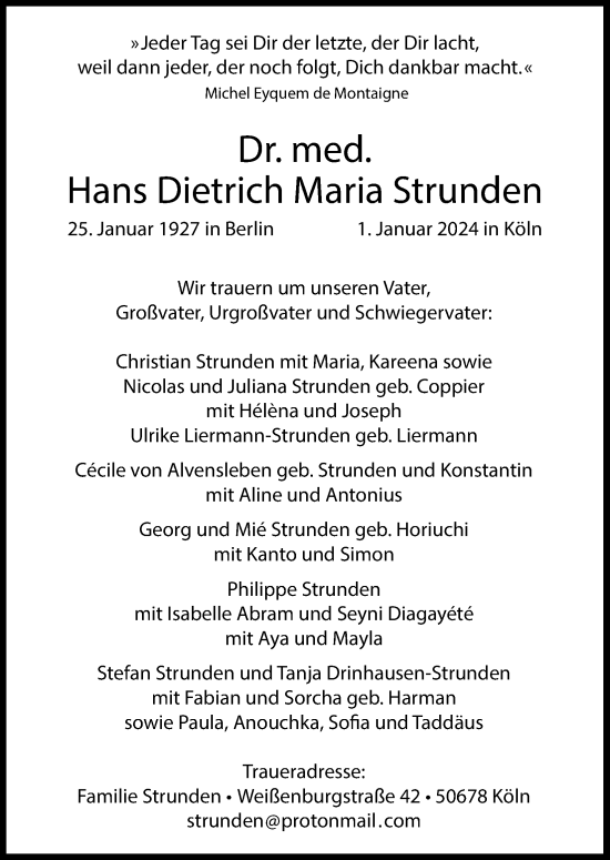 Anzeige von Hans Dietrich Maria Strunden von Kölner Stadt-Anzeiger / Kölnische Rundschau / Express