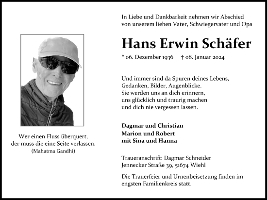 Anzeige von Hans Erwin Schäfer von Kölner Stadt-Anzeiger / Kölnische Rundschau / Express