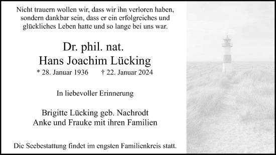 Anzeige von Hans Joachim Lücking von Kölner Stadt-Anzeiger / Kölnische Rundschau / Express