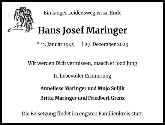 Anzeige von Hans Josef Maringer von Kölner Stadt-Anzeiger / Kölnische Rundschau / Express
