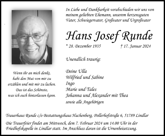 Anzeige von Hans Josef Runde von  Anzeigen Echo 