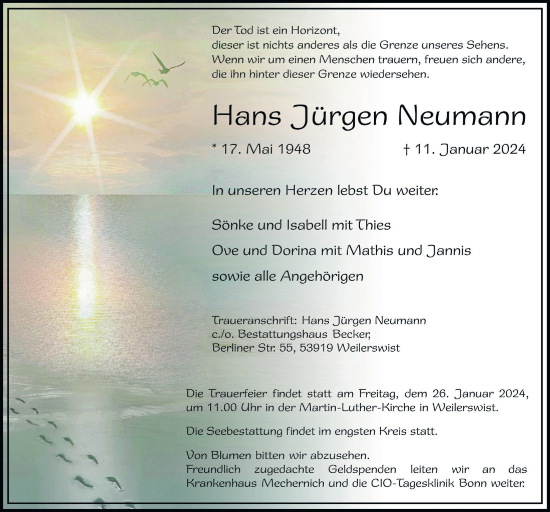 Anzeige von Hans Jürgen Neumann von  Blickpunkt Euskirchen 