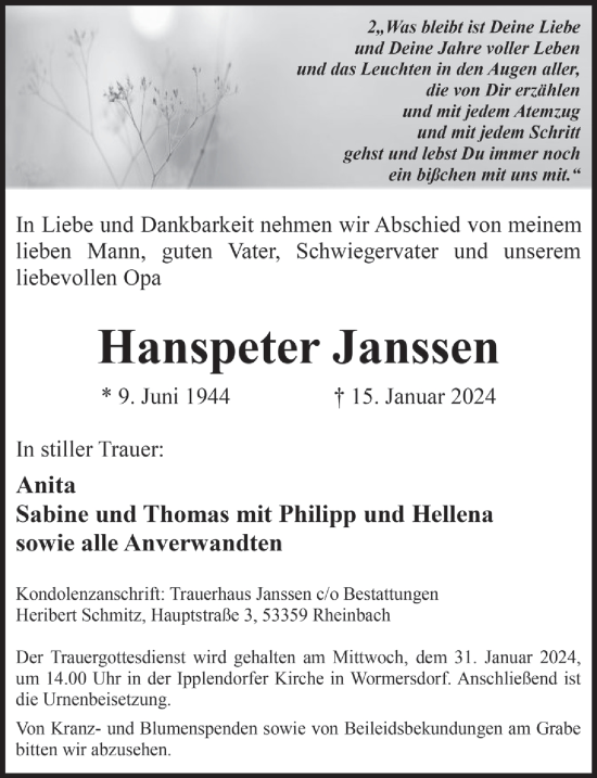 Anzeige von Hanspeter Janssen von  Schaufenster/Blickpunkt 