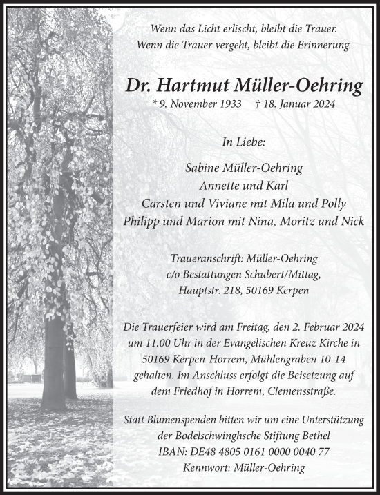 Anzeige von Hartmut Müller-Oehring von  Werbepost 