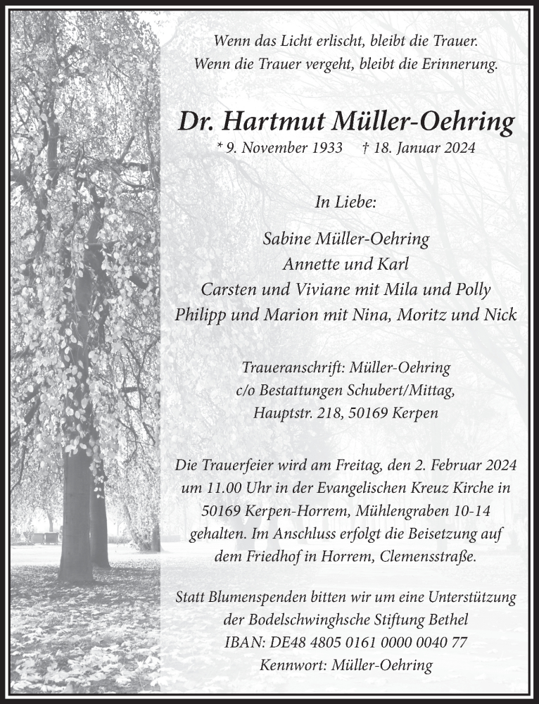  Traueranzeige für Hartmut Müller-Oehring vom 26.01.2024 aus  Werbepost 
