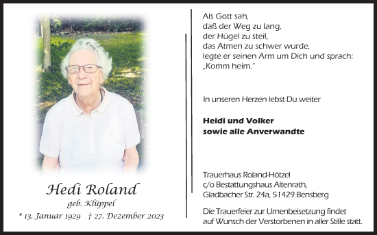 Anzeige von Hedi Roland von Kölner Stadt-Anzeiger / Kölnische Rundschau / Express